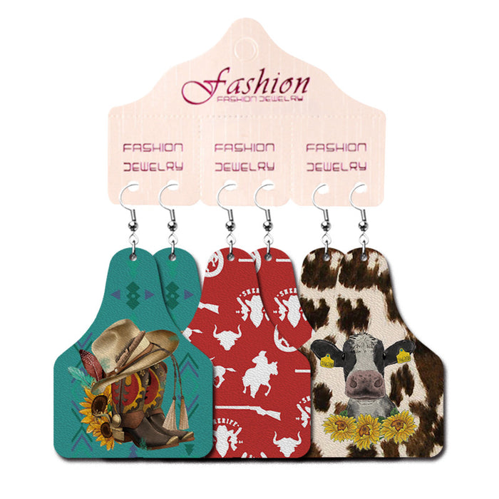 Western Printed Leather Earring Set with Geometric Shapes and Vintage Design