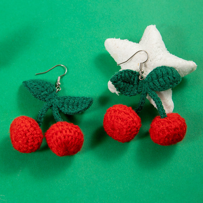 Yarn knitted red cherry earrings sweet simulated fruit earrings