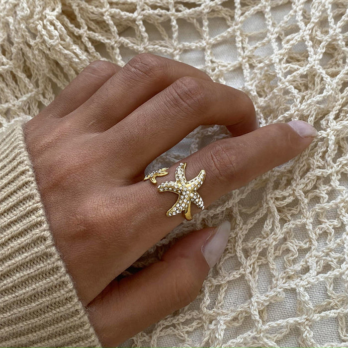 Stainless steel starfish open ring with full diamonds