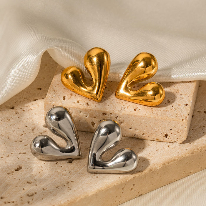 18K Gold Stainless Steel Stud Earrings - Liquid Heart Design Jewelry