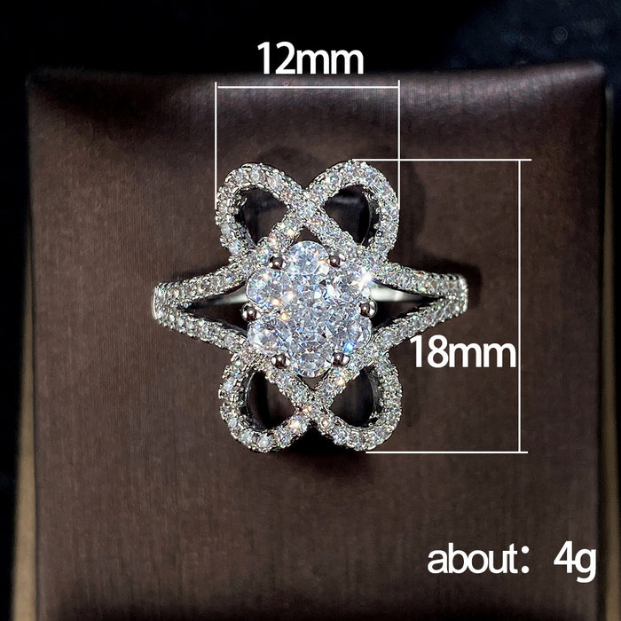 White gold plated full diamond flower shaped zircon ring, beautiful engagement ring for women