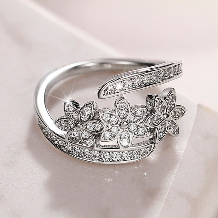 Anillo de circonita con flores ajustable con incrustaciones de cobre para mujer