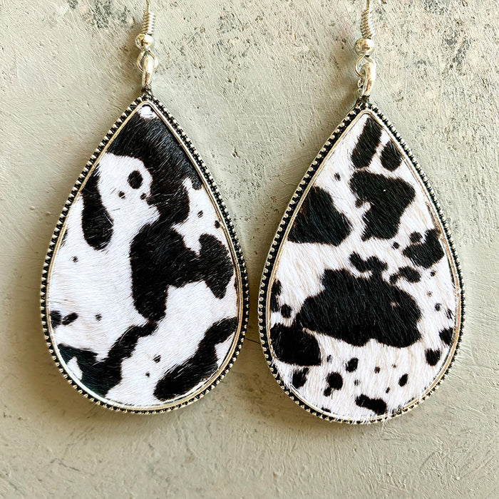 Textured Cowhide Leather Earrings with Leopard Print and Western Style