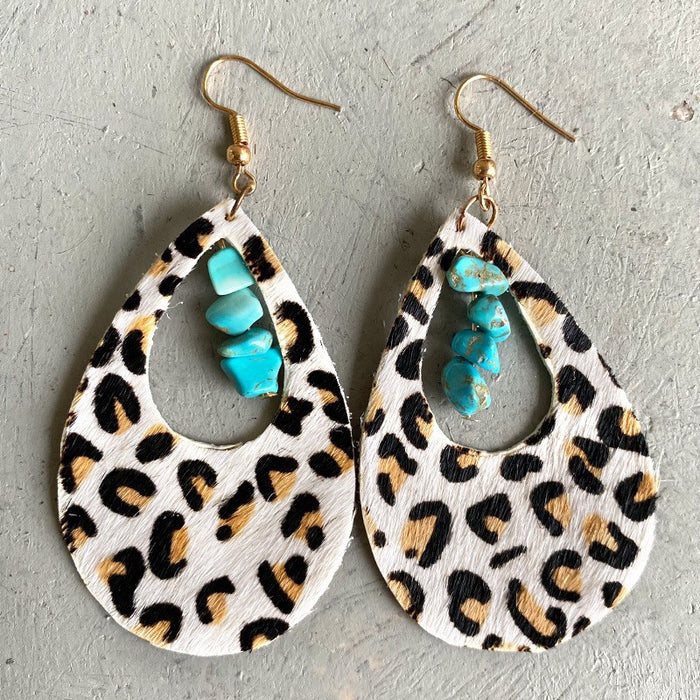 Bohemian Leopard Print Leather Earrings with Turquoise and Ethnic Style