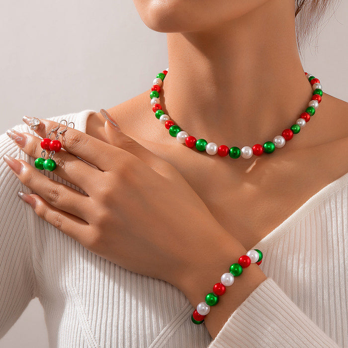 Christmas Jingle Bell Necklace and Bracelet Set - Festive Three-Piece Jewelry