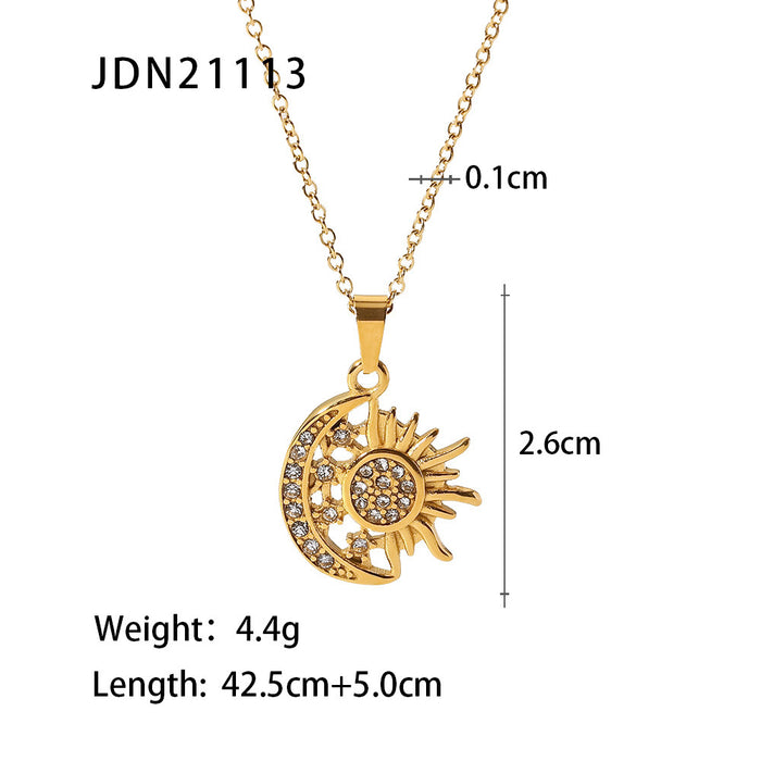 French Style 18K Gold-Plated Stainless Steel Necklace - Bright Moon and Star Pendant with Zircon Inlay