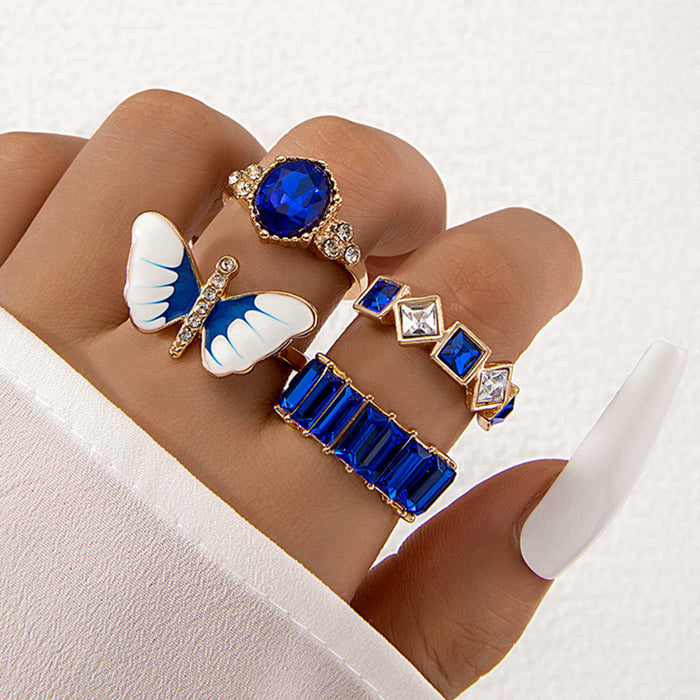 Blue Enamel Rhinestone Butterfly Ring Set - Small Design Rhinestone Four-Piece Set