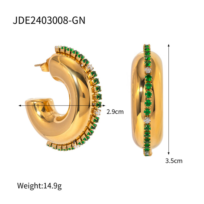 Spring/Summer New 18K Gold Plated Stainless Steel Green Zircon Stud Earrings - Simple White Zircon C-Shaped Earrings