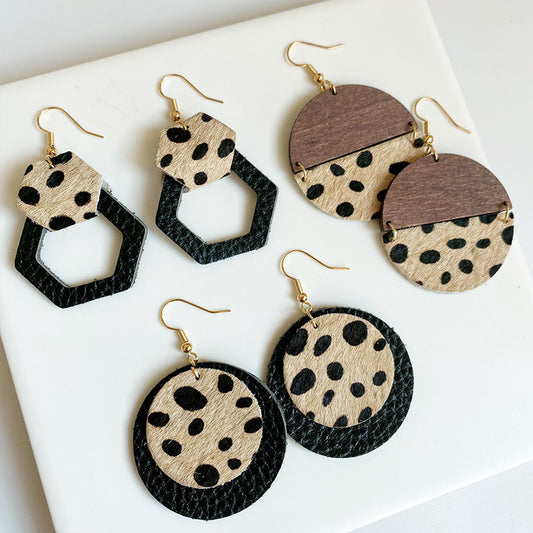 Leopard Print Cowhide Earrings with Round Geometric Wood and Leather