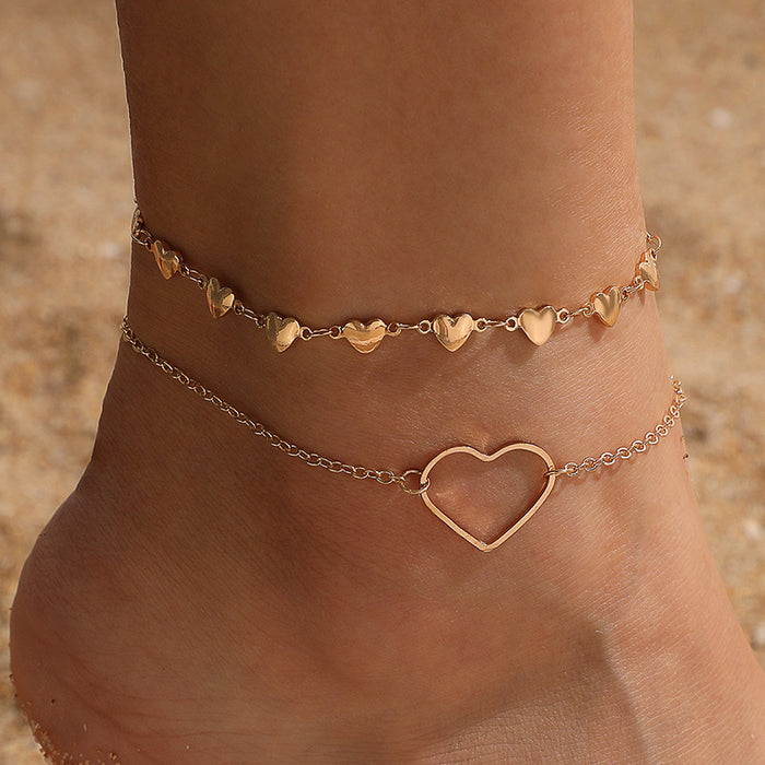 Heart Water Drop Round Pendant Anklet with Rhinestone Round Bead Multi-Layer Chain