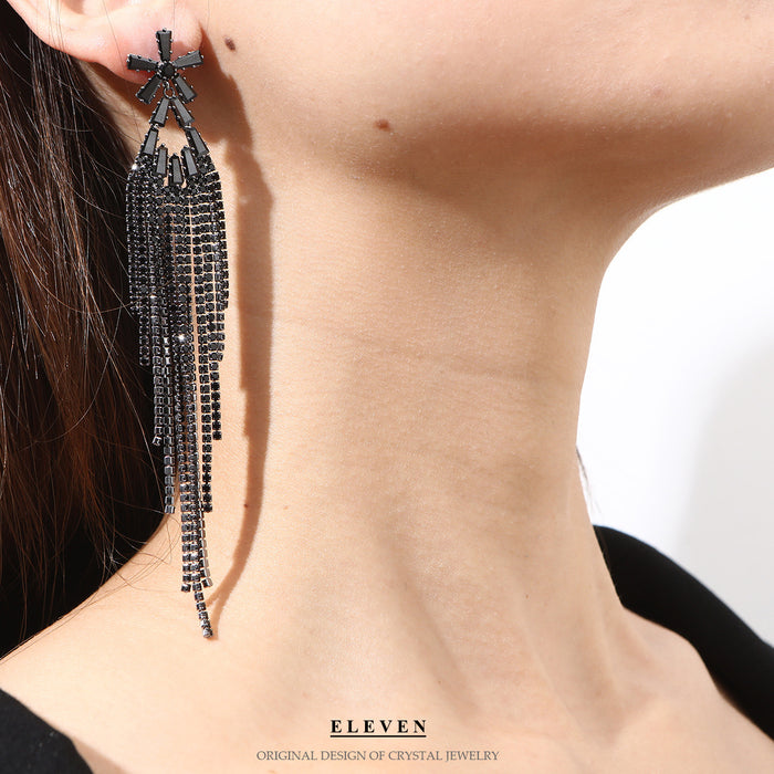 Silver Needle Floral Rhinestone Earrings - Dark Exaggerated Tassel Jewelry for Women