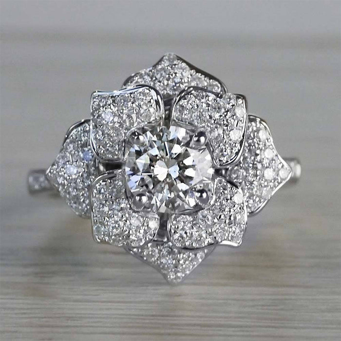 Luxury full diamond zircon flower ring business event hand jewelry