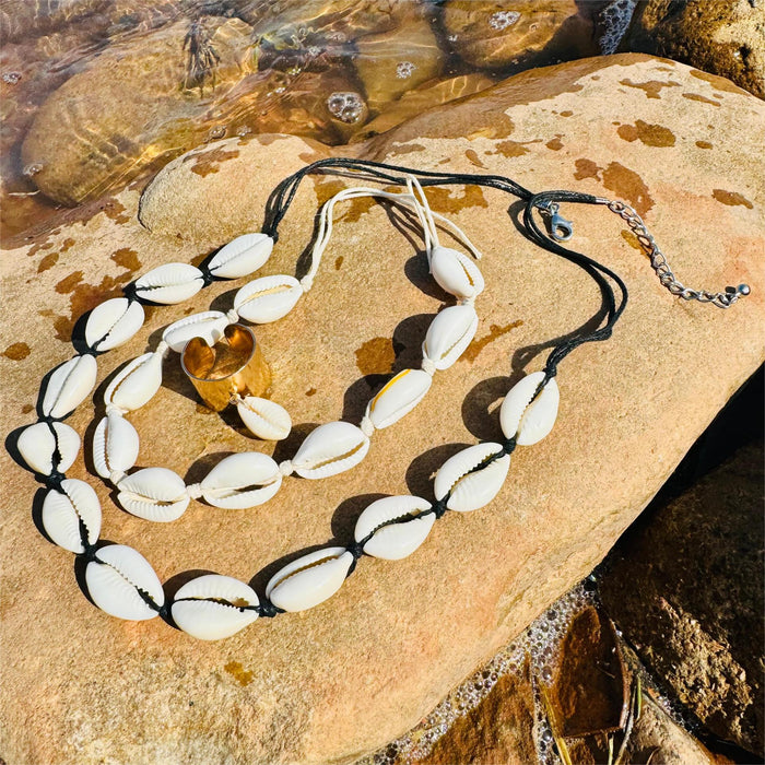 Beach Style Shell Necklace with Braided Bracelet Set - Four Pieces