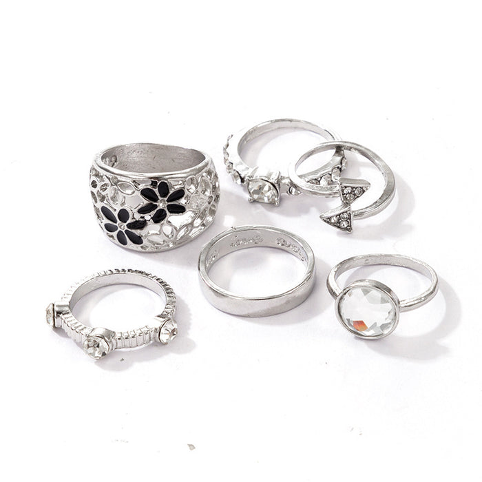 Retro ethnic style black oil drop flower diamond ring 6-piece set