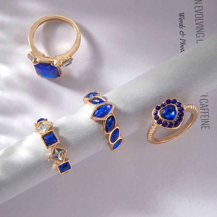 Heart Diamond Imitation Sapphire Leaf Ring Four-piece Set