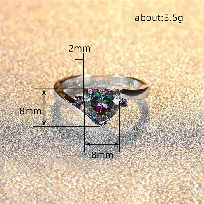 Anillo colorido en forma de corazón Anillo creativo de corazón arcoíris europeo y americano