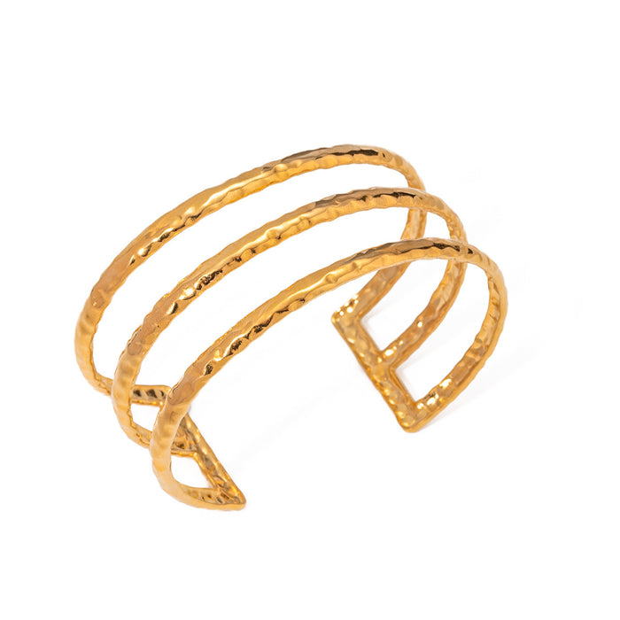 2024 New 18K Gold Plated Stainless Steel Triple Hammered Open Bracelet - Popular Titanium Steel Jewelry