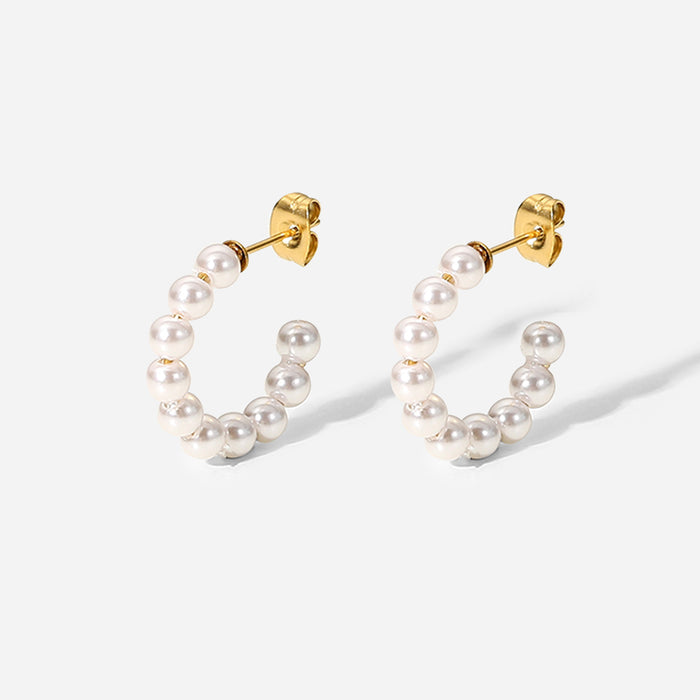 French Style 18K Gold Plated Stainless Steel Pearl Hoop Earrings - Trendy Elegant Jewelry