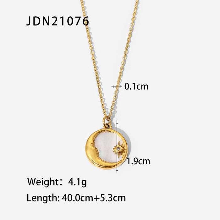 French Style 18K Gold-Plated Titanium Steel Necklace - Mother of Pearl Star and Moon Pendant Jewelry