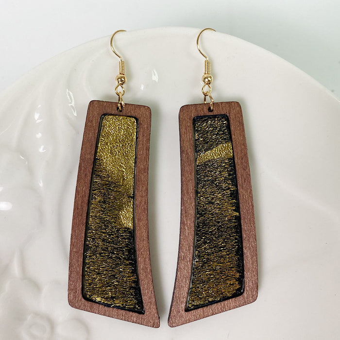 Bohemian Geometric Earrings with Leopard Print and Gold Dots on Cowhide Leather and Wood