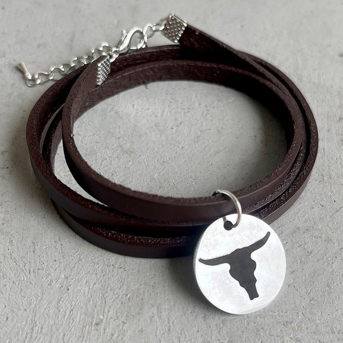 Pulsera de cuero con diseño azteca y cabeza de toro única con diseño bohemio de múltiples capas