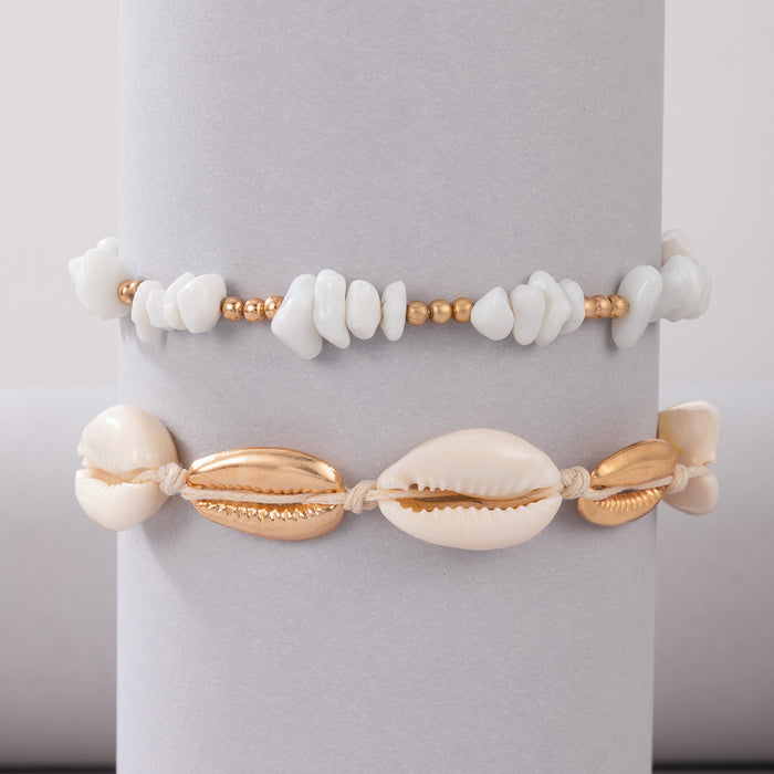 Beach-Style Multi-Layer Anklet with White Pebble Shell and Beaded Design