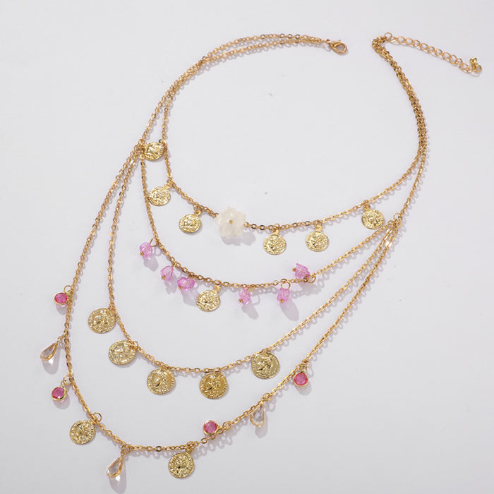 Bohemian Flower and Rhinestone Tassel Multi-Layer Necklace Set - Four Layers