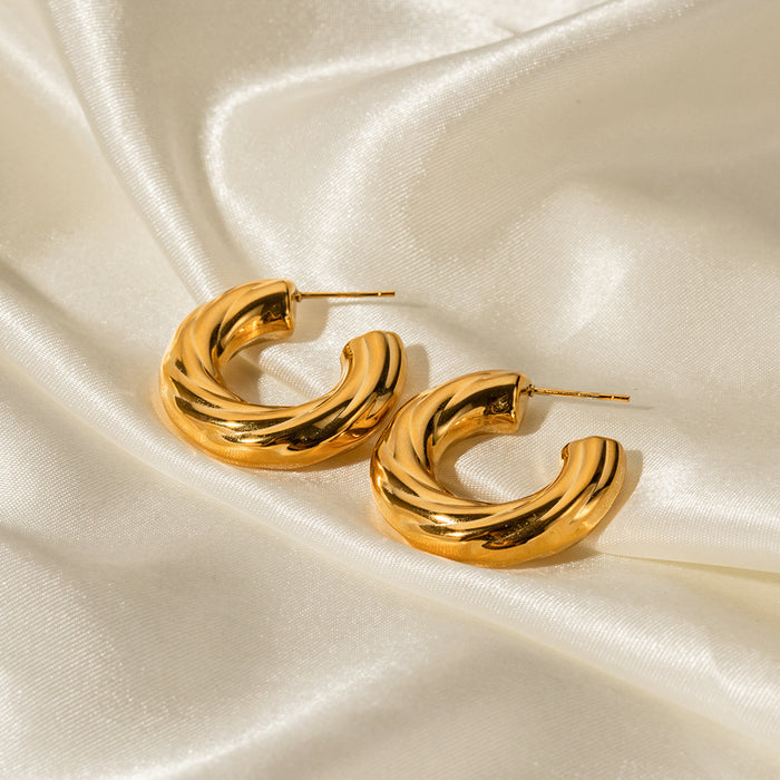 New Geometric Titanium Steel Earrings - 18K Gold Plated Stainless Steel Slanted Ribbed C-Shaped Earrings