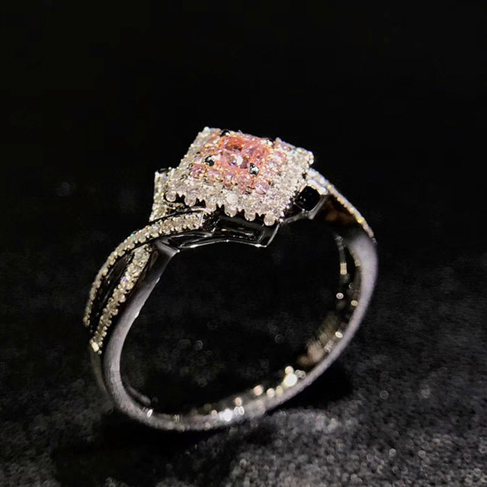 Anillo de diamantes rosas y circonitas en forma de cruz para mujer