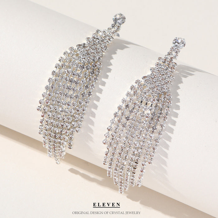 Multiple Tassel Rhinestone Earrings - Long and Slimming Statement Jewelry for Women