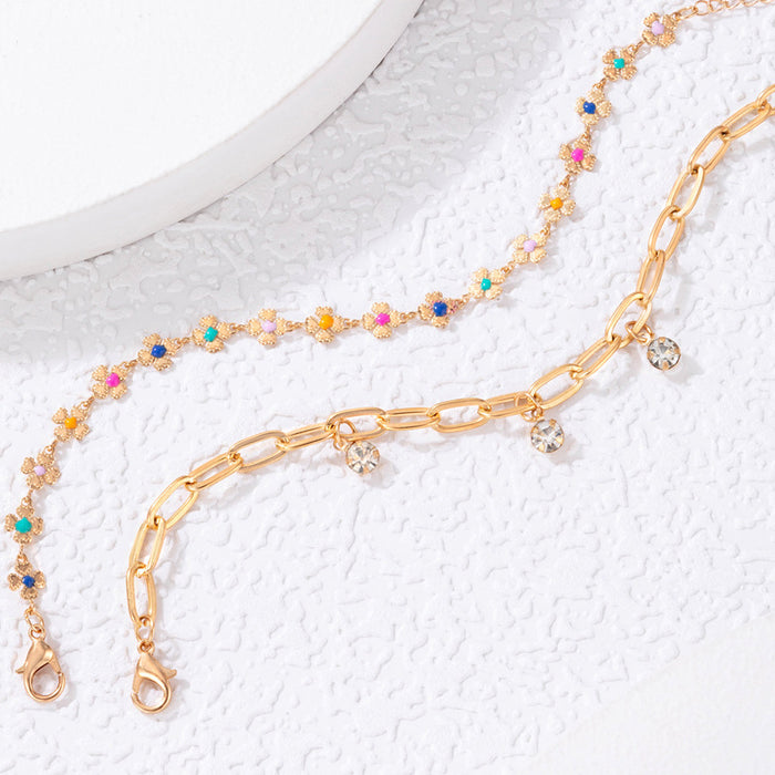 Colorful Enamel Flower Double-Layer Anklet with Crystal Chain Design