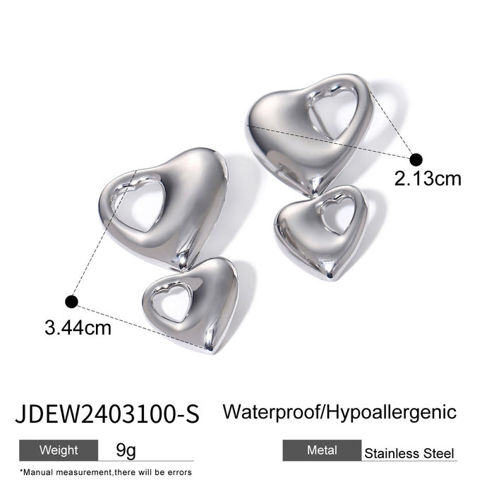 18K Gold Stainless Steel Double Heart Hollow Earrings - High-End Asymmetric Titanium Steel Jewelry