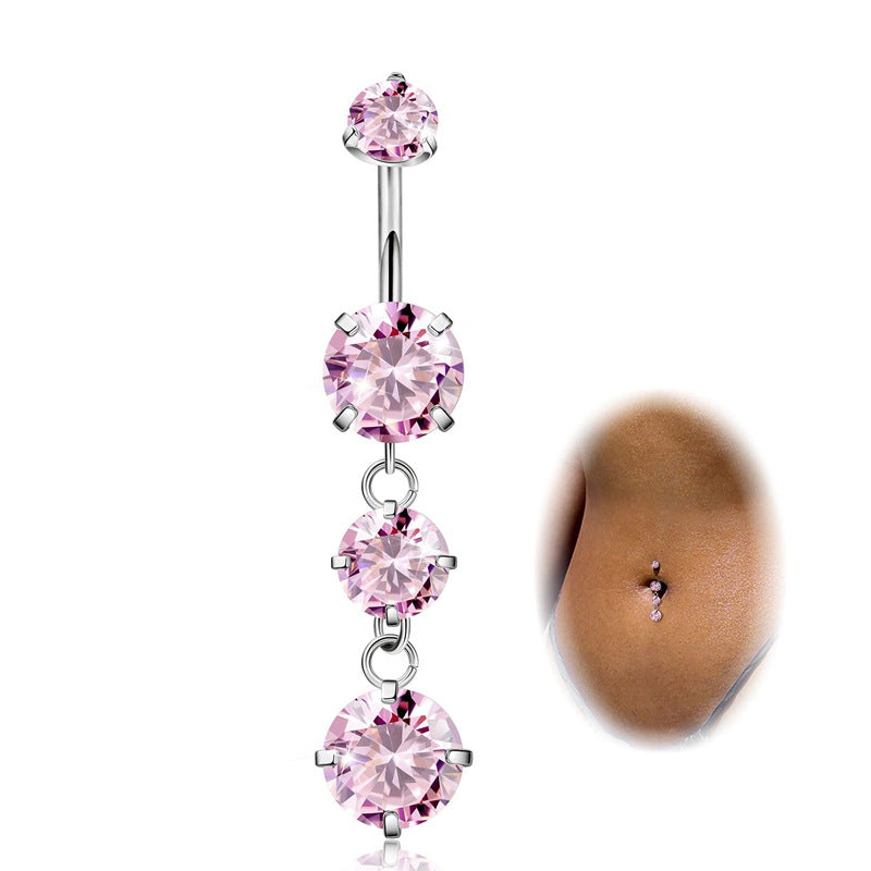 Pink Stainless Steel Zircon Double Heart Curved Barbells for Navel - wallojewerly 