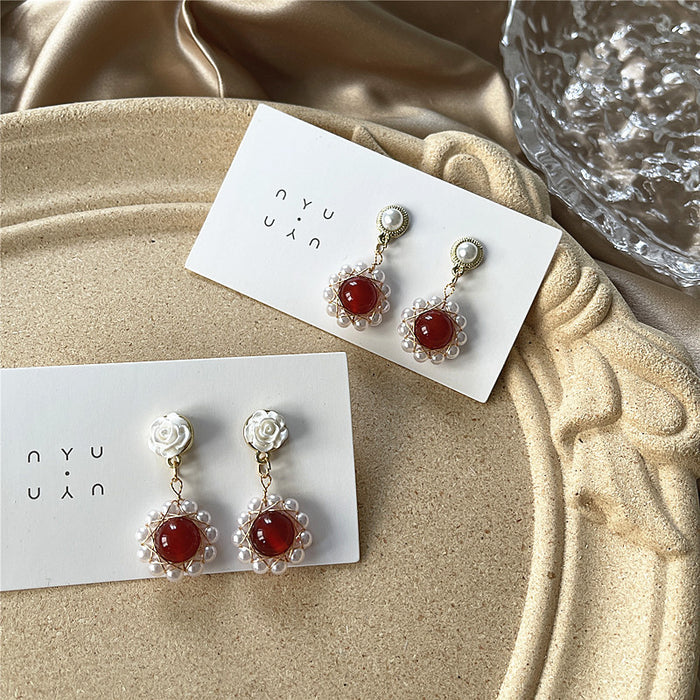 Pearl red agate earrings Baroque retro court style earrings