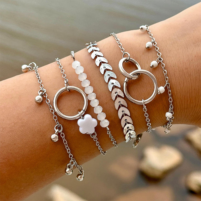 Simple Circle Bracelet Set - Six-Piece Arrow and Leaf Jewelry