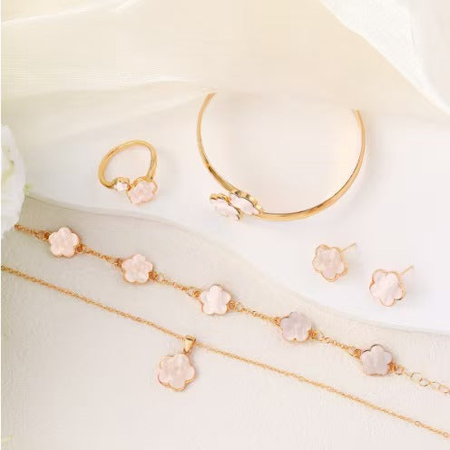 Wholesale 5-piece set of five-petal flower necklace, bracelet, bangle, earrings, and ring - wallojewerly 