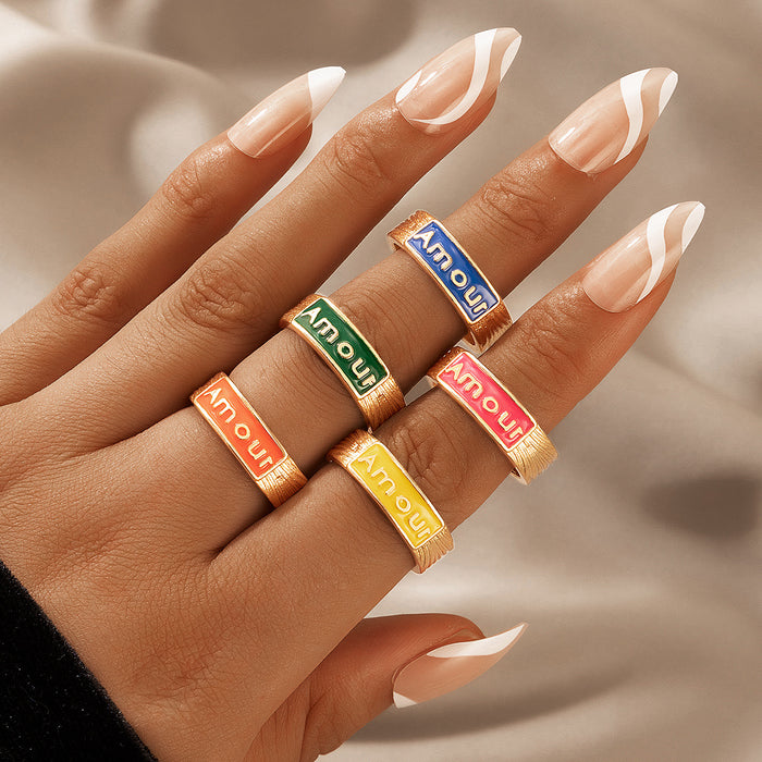 Colorful oil dripping letters simple 5-piece ring set