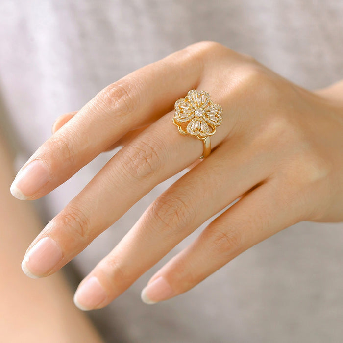 Wholesale copper micro-set zircon gold heart and four-leaf clover rotating open ring