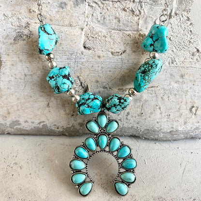 Pumpkin Flower Western Necklace with Indian Tribal Elements, Turquoise Bull Head, and Cross Pendant