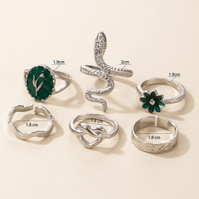 Bohemian Snake Green Oil Drop 6-Piece Ring Set