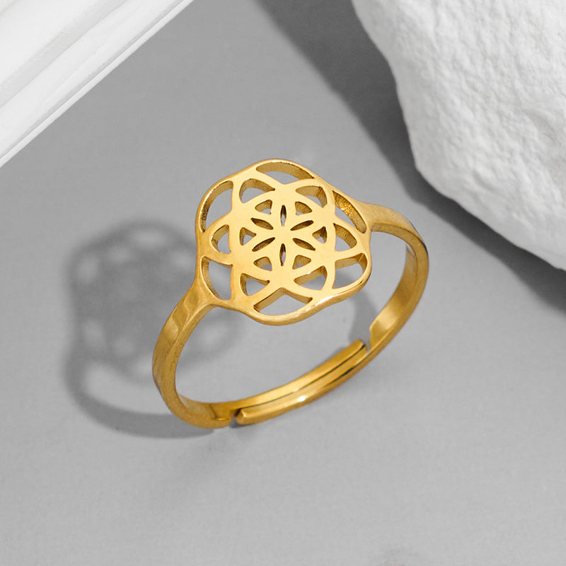 Anillo de flor de mandala, anillo abierto hueco de acero inoxidable galvanizado de 18 quilates al por mayor