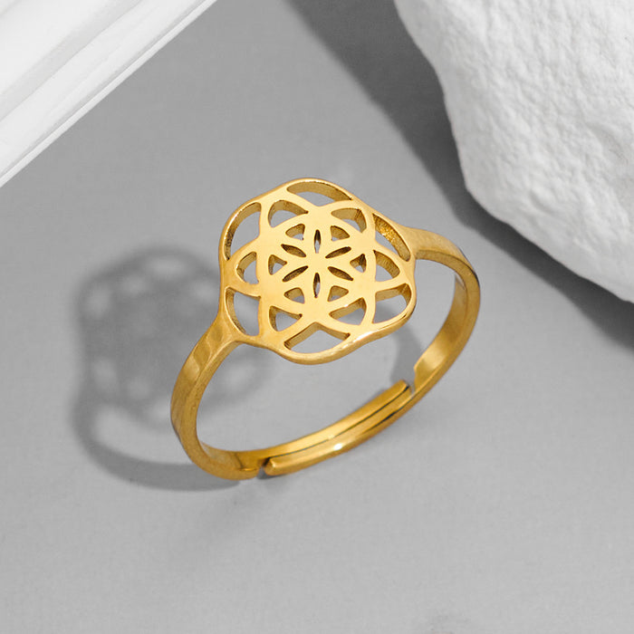 Mandala flower ring, stainless steel 18K electroplated hollow open ring wholesale