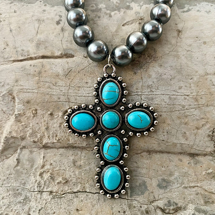 Western Cowboy Necklace with Vintage Cross, Bull Head, Cactus, and Turquoise - Bold and High-End Design