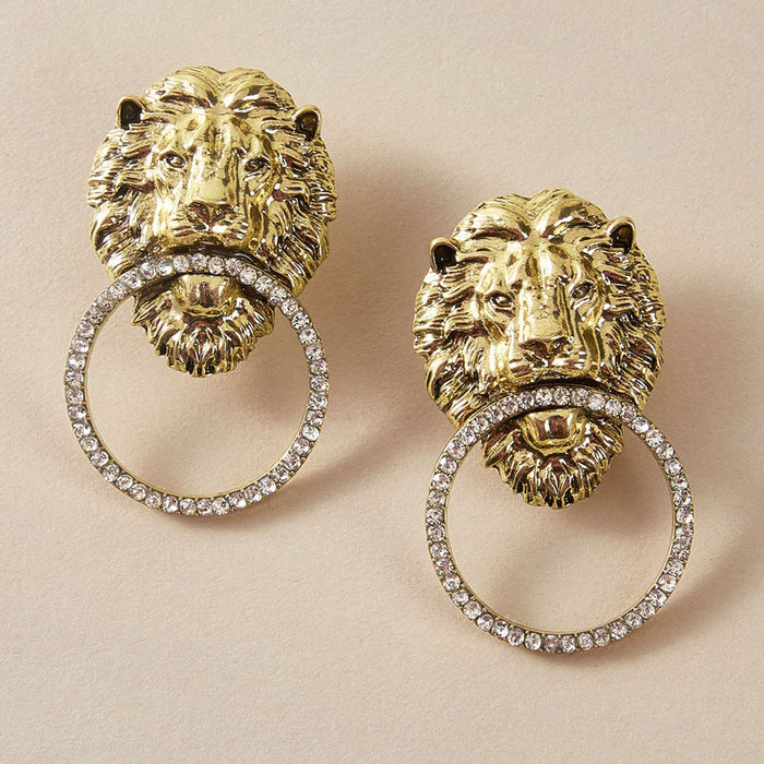 Lion head diamond stud earrings geometric animal earrings