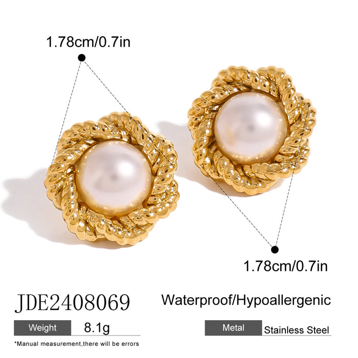 Stainless steel 18K gold plated flower twist texture pearl earrings