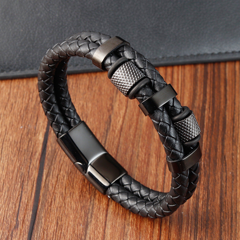 Stainless Steel Braided Leather Bracelet - wallojewerly 