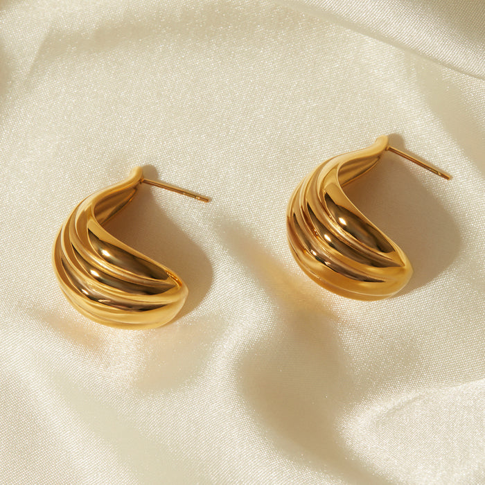 18K Gold Plated Stainless Steel Striped Curved Earrings - Unique Design Titanium Steel Jewelry