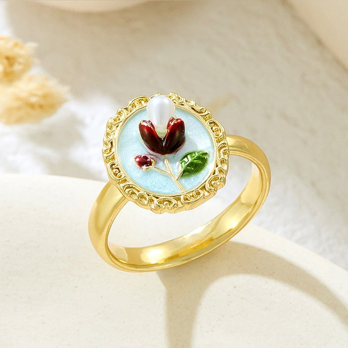 Wholesale copper micro-inlaid enamel painted drip flower open ring