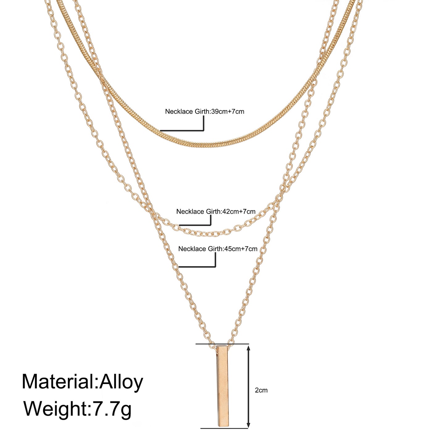 Gold alloy small sturdy strip multi-layer layered necklace - wallojewerly 