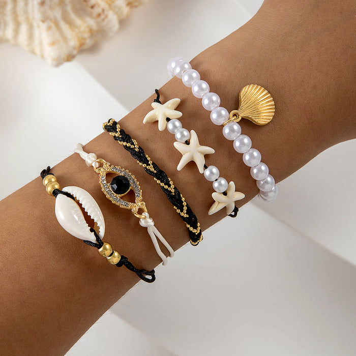 Shell and Evil Eye Bracelet Set - Five-Piece Summer Pearl Jewelry